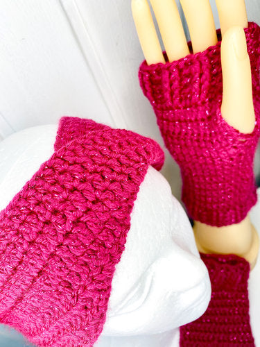 Strinband+Handstulpen, Set, gehäkelt, HANDARBEIT, mit Glitzer